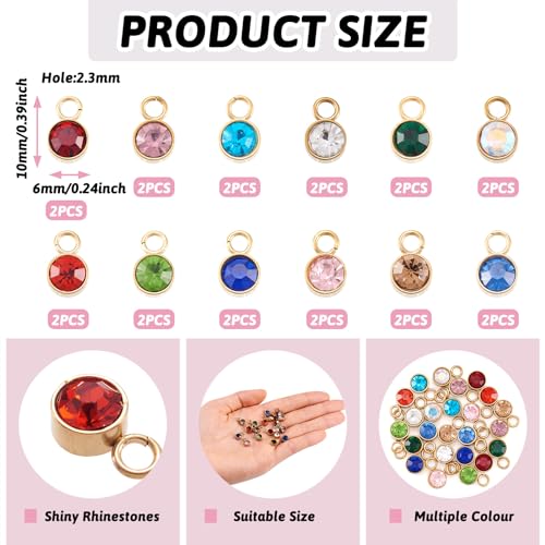 Pandahall 24pcs Crystal Birthstone Charms - Gold Plated Stainless Steel Pendants & Round Birthstone Charms for DIY Necklace Earring Bracelet Jewelry Making Crafts
