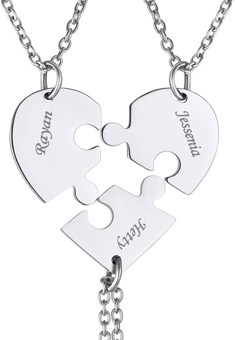 FindChic Personalized Matching BFF Necklace for 2/3/4/5/6 Puzzle Name Heart Pendant Stainless Steel Couple Necklace Set Customized Necklaces for Teen Girls