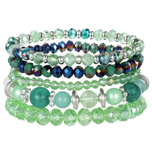 5Pcs Beaded Bracelets for Women, Bohemian Glass Faceted Crystal Beads Bracelet, Stackable Boho Disco Ball Stretch Bracelets, Multilayered Purple Jewelry Gift for Women, Mother's Day - color: Green