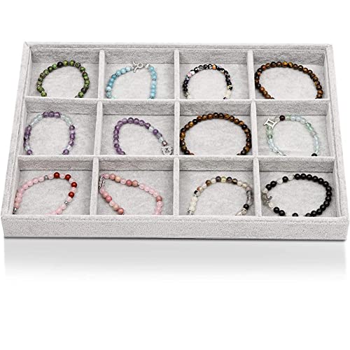 Juvale Velvet Stackable Jewelry Organizer Tray - 12-Grid Bracelet Holder & Ring Organizer - Velvet Jewelry Tray with Soft Compartments - Bracelet Holder Drawer Fits Standard Drawers - 14 x 9.5 In Gray - size: 12 Grids