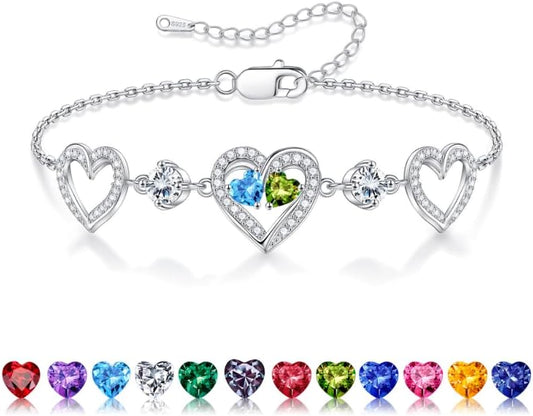 Iefil Valentines Day Gifts for Her - 925 Sterling Silver Heart Birthstone Bracelet Birthday Anniversary Jewelry Gifts for Her Wife