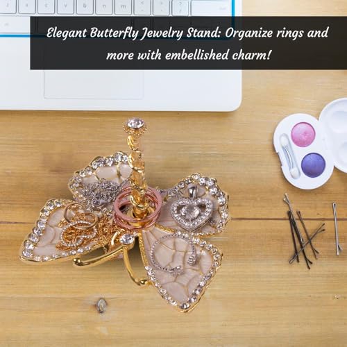 Matashi Butterfly Jewelry Holder for Women, Enamel - Gold Plated Jewelry Stand Organizer Ring Holder w/Crystals, Gift for Mom on Christmas, Mother’s Day, Birthday, Anniversary, Valentine’s Day, White - color: White