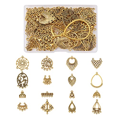 Bestewelry 64Pcs Tibetan Antique Gold Chandelier Charms 16 Styles Vintage Filigree Hollow Links Charms with Loops Findings for Dangle Earrings Connector Components Jewelry Making