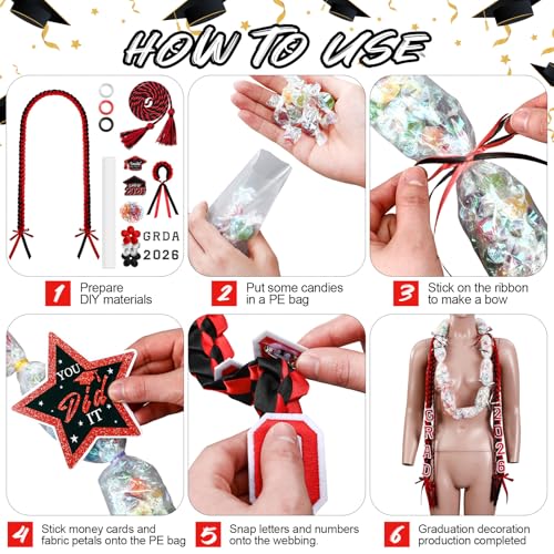 Graduation Candy Lei Making Kit Class of 2026 DIY Lei PE Bags Tubing Money Leis 2026 Graduation Ribbon Necklace Include 2 x 5 ft PE Bags 90 Pcs Flower Accessories for Grad Party Supplies (Black, Red) - color: Black, Red