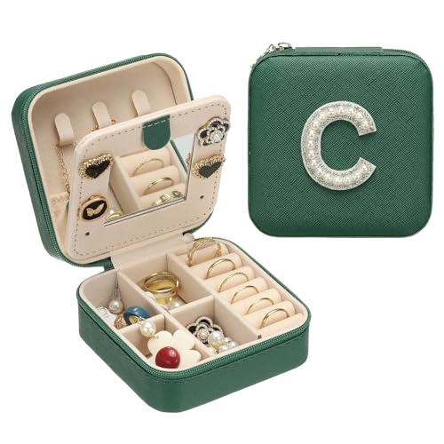 PATIKIL Travel Jewelry Case,C Initial Small Travel Jewelry Box Organizer Rings Earrings Storage Case Personalized Gifts for Women Girls Birthday Christmas Bridesmaid Gifts,Dark Green - style: C