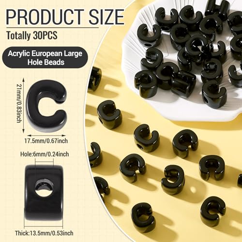 30Pcs Large Hole Letter Beads Black Acrylic European Beads 3D Letters C Chunky Bead Initial Alphabet Bead for Key Chains Bracelets Necklace DIY Craft Bag Charm Kit Arts Projects - color: Black-C