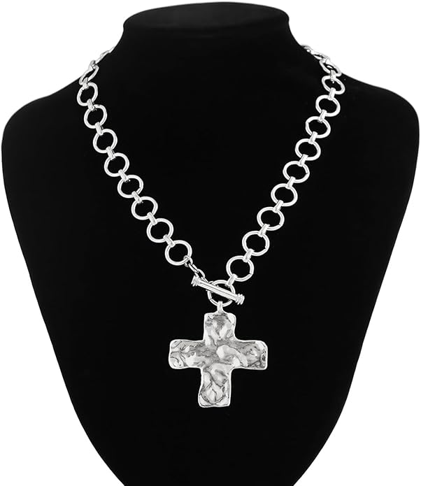 Atiptu Gold Chunky Cross Necklace for Women Statement Cross Pendant Necklace Layered Hammered Bold Cross Necklace Vintage Toggle Clasp Necklace Jewelry