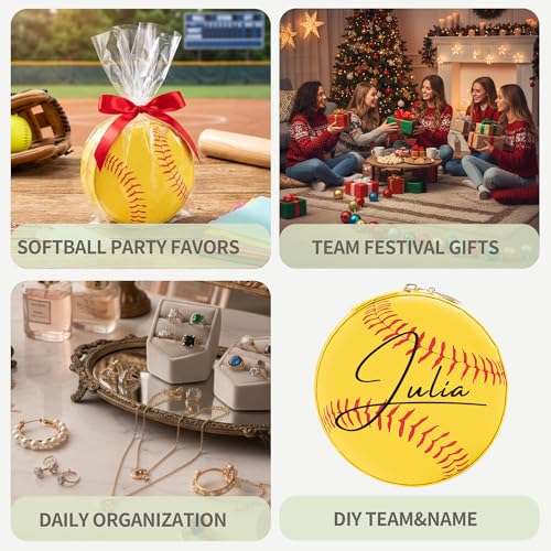 12-Pack Softball Jewelry Box Bulk Team Gifts for Girls, Yellow Round Mini Travel Jewelry Case Organizer for Softball Players Coaches, Senior Night Tournament Gifting, Optic Yellow - style: Softball