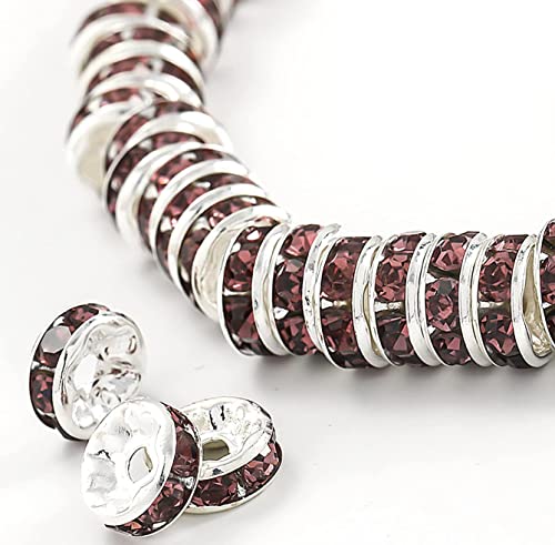 200Pcs 6mm Rondelle Spacer Beads Silver Plated Purple Crystal Rhinestone for Jewelry Making Loose Beads for Bracelets - color: purple, size: 6mm