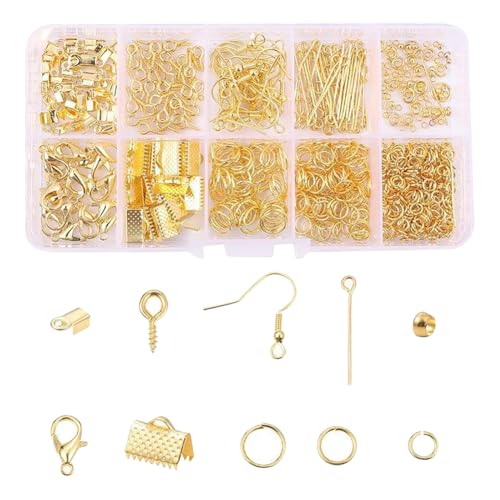 GSHLLO Jewelry Making Supplies Kit Jewelry Findings Starter Kit Earring Repairing Open Jump Rings Bracelet Necklace Lobster Clasps with Box for DIY Crafts Golden - color: Golden