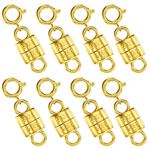 OHINGLT 14K Gold Plated 925 Sterling Silver Magnetic Necklace Clasps and Closures,Gold and Silver Bracelet Clasp Converter for Jewelry Making Supplies,Chain Extender Connector for Bracelet - color: 8Pcs Gold