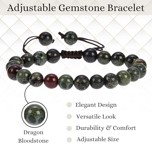 ANAYA AGATE Energy Protection Crystal Handmade Adjustable Bead Bracelet Perfect for Men, Women’s Christmas Gift - Gemstone Healing Stretch Bracelet Pulsera Para Hombre Mujer Stocking Stuffer - color: Dragon Bloodstone