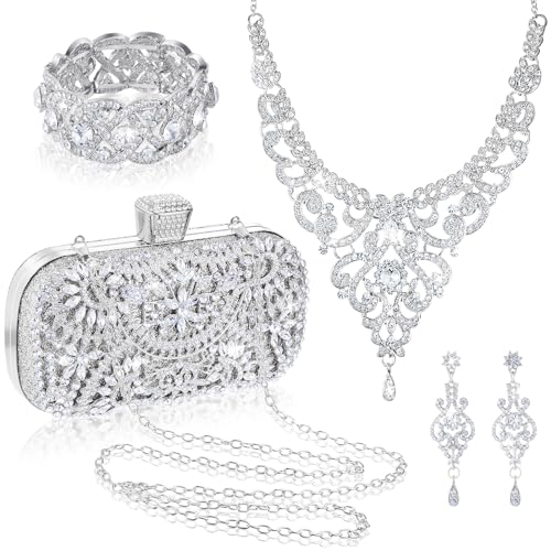 Quelay 4 Pcs Purse Rhinestone Jewelry Set Evening Clutch Bag Bling Crystal Necklace Dangle Earrings Bracelets Accessories - color: Silver, size: Vintage Style