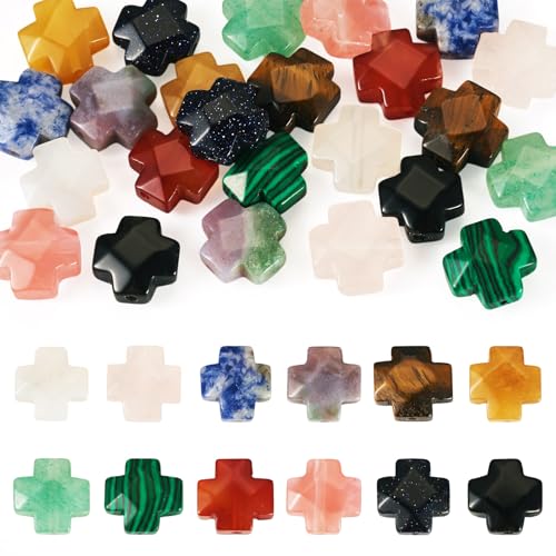 Beadthoven 24pcs Gemstone Cross Beads Small Crucifix Cross Beads Faceted Colorful Faith Crosses Healing Crystals Stone Chunky Spacers for Jewelry Making Necklace Bracelet DIY Crafts Supplies - color: Faceted Cross
