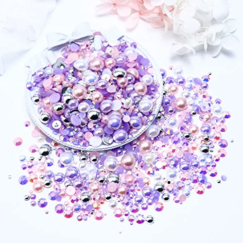 60g Mix Pearls and Rhinestones for Crafts, 2mm-10mm Flatback for Tumblers Shoes Nails Face Art, Bedazzling Half Pearls and Jelly Rhinestones, Pink|Purple|White - color: Pink Fairytale Blend | Mix Pink | Purple | White