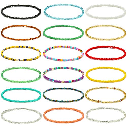 XIJIN 18 Pieces Elastic Beaded Anklets for Women Handmade Beach Boho Colorful Beads Ankle Bracelets Set - color: Colorful a