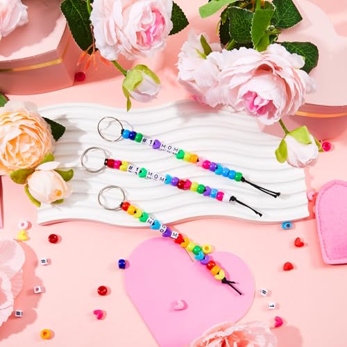 Taiyin 361 Pcs/24 Sets Mother's Day Bead Key Chain Craft Kit Teach Seed Beads Mom Pony Opaque Bead for Jewelry Making Bag Charms Bracelets DIY String Star Shape Beads Mothers Day Party Favor for Women - color: As Shown in the Picture