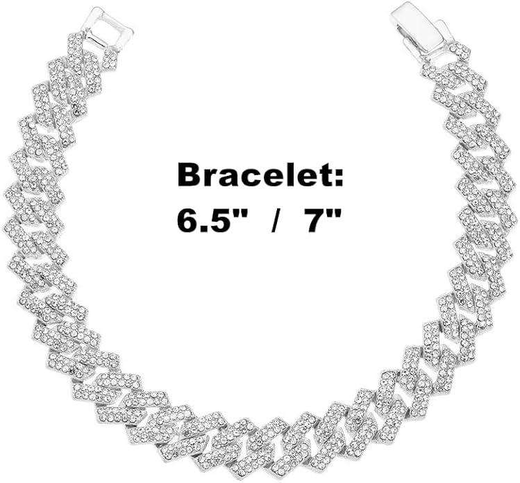 HH BLING EMPIRE 14k Gold/Silver Cuban Link Chain for Women Iced Out Diamond Chunky Cuban Link Necklace Chain Bracelet 2pcs Sets