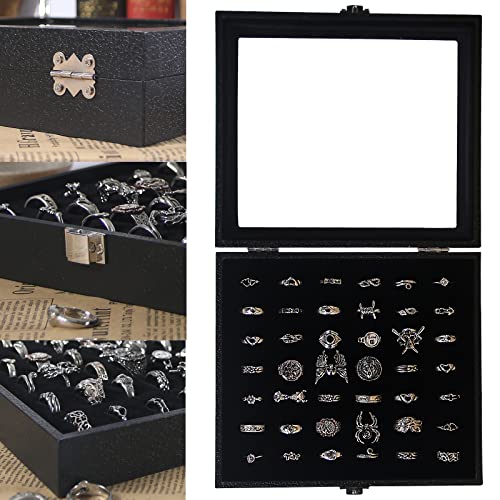 Pangkeep Ring Organizer Display Case,Black Jewelry Storage Tray Boxes for Multiple Rings,Glass Lid,Stackable. (42 Slots)