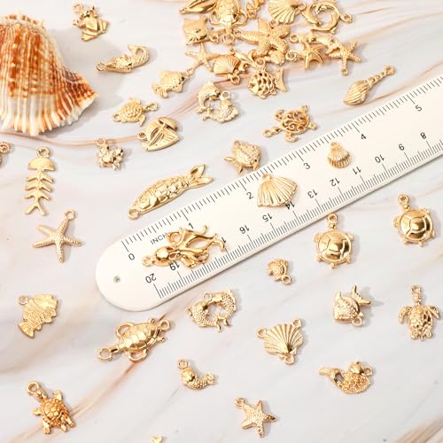 MARFOREVER 120 PCS Summer Beach Charms for Jewelry Making, Assorted KC Gold Ocean Life Sea Animal Charm Pendants Starfish Seashell Conch Charms for DIY Bracelet Necklace Earrings Making Crafting - style: Gold Sea
