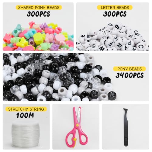 IOOLEEM Black White Solid & Glitter Bulk Pony Beads - 4000pc Kit for Friendship Bracelets & Jewelry Making, Easy Storage - color: Black & White