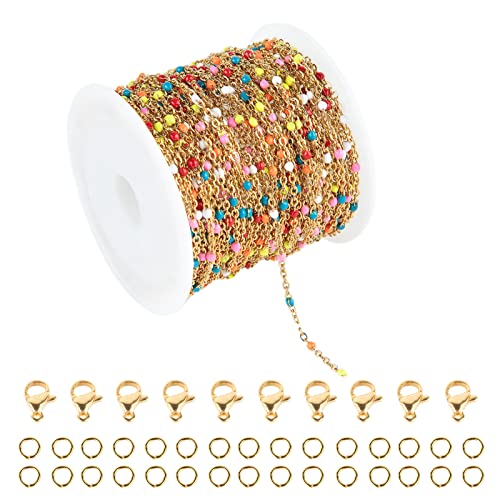 UMAOKANG 33 Feet/10 Meters Colorful Beaded Stainless Steel Jewelry Chains Gold Plated Cable Link Chain for Jewelry Making with 10 Lobster Clasps and 30 Jump Rings - color: Colorful Bead-Gold