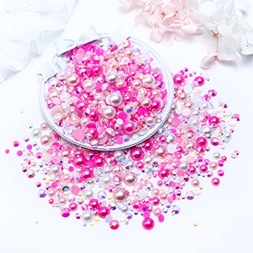 Townem 60g Mix Pearls and Rhinestones for Crafts, 2mm-10mm Flatback Gems for Tumblers Shoes Nails Face Art, Bedazzling Half Pearls and Rhinestones, Light Pinks|White - color: Pink Girl Blend | Mix Light Pinks | White