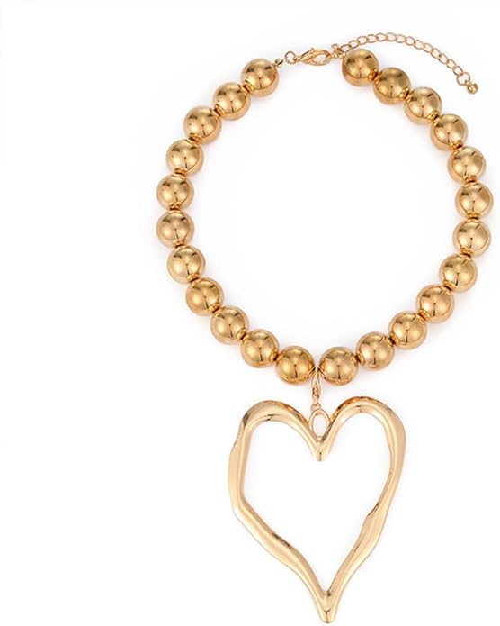 Unique Big Chunky Gold Heart Beads Necklace for Women, Charm Large Thick Hollow Love Heart Pendant Beaded Chain Choker Necklaces Party Y2K Jewelry Gift