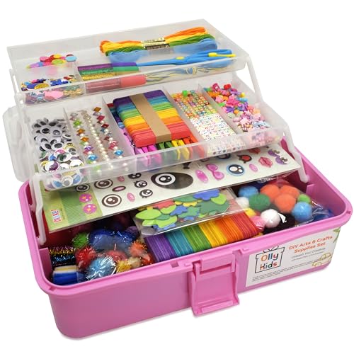 Olly Kids Arts and Crafts Supplies for Kids Girls 4 5 6 7 8 9 10 11 & 12- Ultimate Crafting Supply Carboodle in Portable 3 Layered Plastic Art Box - color: Pink