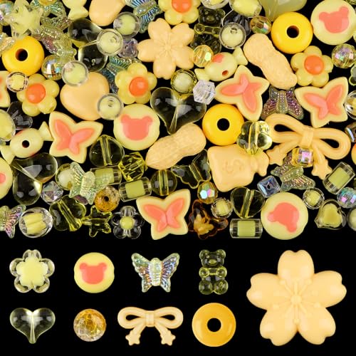 150PCS Acrylic Pastel Beads for Jewelry Making, Kalolary Colorful Bow Butterfly Flower Kawaii Plastic Candy Heart Cute Macaroon Aesthetic Beads for Bracelet Necklace DIY Supplies (Yellow) - color: Yellow