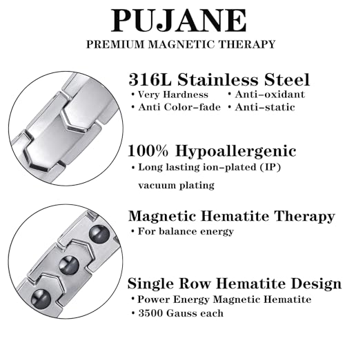 Magnetic Hematite Bracelets for Men Women 316L Stainless Steel Power Balance Energy Magnets Stones Bracelet Jewelry Gift with Adjustment Tool - color: Silver