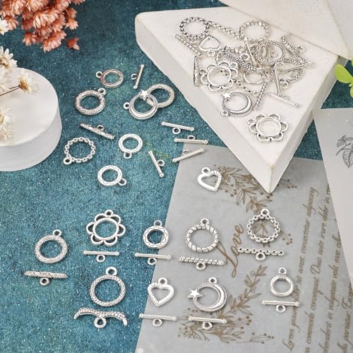 54 Pcs Antique Silver Toggle Clasps Alloy OT Toggle Jewelry Clasps Flower & Ring & Heart T-Bar Closure Clasp Fastener IQ End Connectors for DIY Necklace Bracelet Jewelry Making - color: Alloy-Heart/Flower/Ring