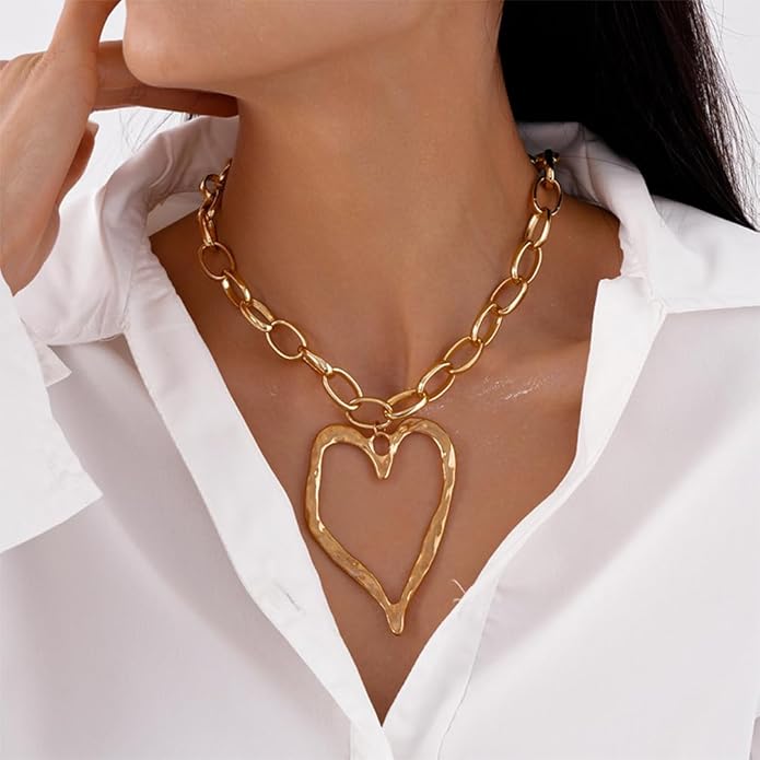 Bold Big Chunky Gold Heart Necklace for Women, Unique Large Thick Hollow Love Heart Pendant Chain Choker Necklaces Punk Party Prom Y2K Jewelry Gifts