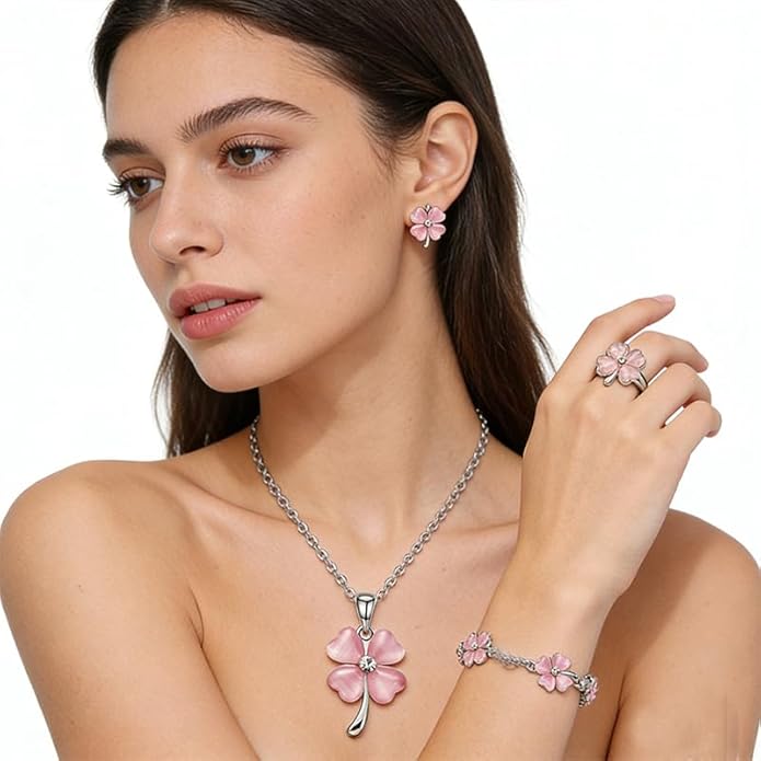 ONLYJUMP Four Leaf Clover Jewelry Set for Women Necklace Bracelet Earrings Ring Set Elegant Lucky Clover Design Cat Eye Stone Perfect Holiday Gift for St. Patrick's Day Valentine's Day Birthdays Daily Wear