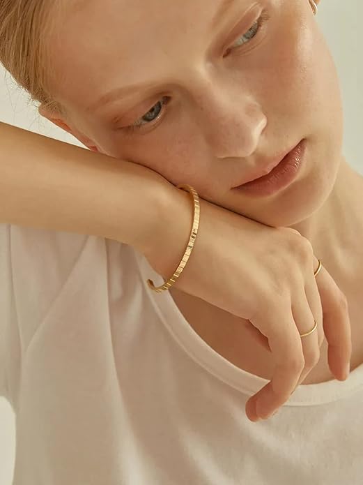 PERNNLA PEARL Dainty Gold Bar Bracelet for Women Simple Delicate Thin Cuff Bangle Hook Bracelet 18K Gold Plated Handmade Minimalist Jewelry