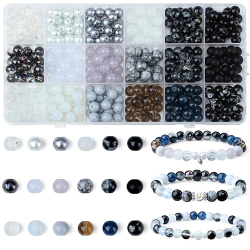 DUQGUHO 8mm Black Beads for Bracelets Black and White Glass Beads for Jewelry Making Glass Round Bead Necklaces DIY Crafts Kit 360PCS - color: 1-Black