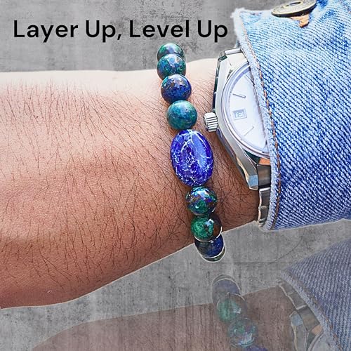 Black Obisidian Bracelets for Men 8" Inch Full Stretch Healing Crystal Bracelet, Beaded Charm Bracelet for Men Gifts Fathers Day Anniversary Birthday Gifts for Him - color: Malachite Azurite & Lapis Lazuli Bracelets