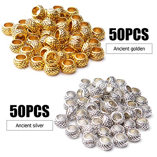 100pcs Tibetan Alloy Large Hole Rondelle Spacer Beads European Tube Spacers Column Loose Beads Jewelry Beads Spacers for Bracelet DIY Jewelry Making(7.5×4.5mm, Hole:4.5mm)