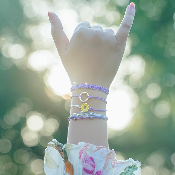 FANCY SHINY Sunflower String Bracelet Boho Braided Rope Wrap Bracelets Cute Summer Beach Surfer Jewelry for Women