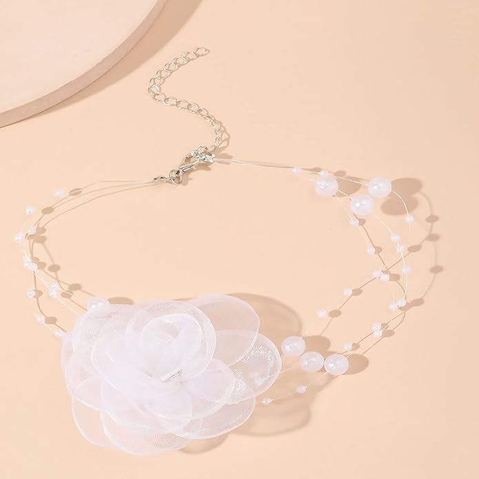 Boho Flower Pearl Choker Necklace for Floral Choker,Women Dainty Pearl Beaded Chain Collar Necklace Flower Necklace for Women Trendy Jewelry