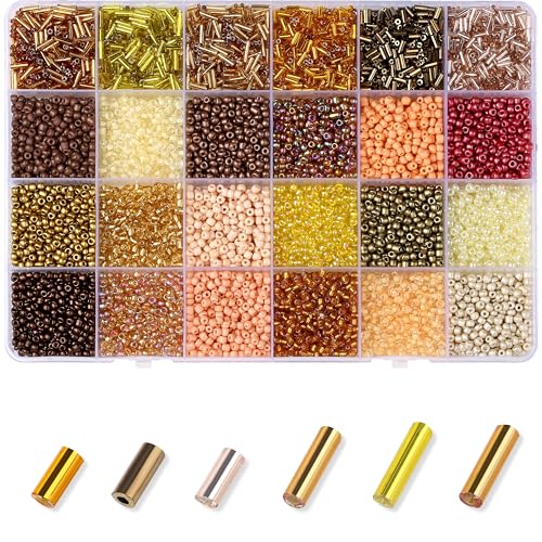 ZHIYUXI 7500Pcs Gold Glass Seed Beads Kit for Jewelry Making with Bugle Tube Bead 24 Colors Waist Embroidery Beads for DIY Bracelet Necklace Making Craft Beading Kit - color: C-Gold