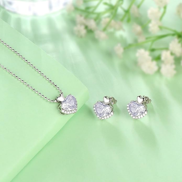 Love Heart Necklaces and Earrings with Rose Cut Birthstone Silver Plated Elegant Jewelry Set for Women CS0002