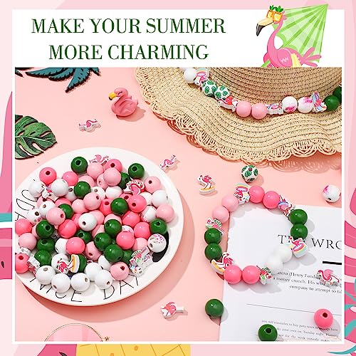 Tradder 200 Pcs Summer Flamingo Beach Beads Set Tropical Round Wood Charms with Swim Rings, Surfboards, Palm Leaves for DIY Jewelry, Pool Party Favors, Hawaiian Crafts & Home Decor - style: Flamingo