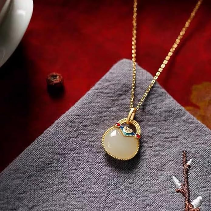 14K Gold Real Natural Jade Enamel Fortune Bag Necklace, Unique Vintage Style Jade Pendant, Delicate Jade Jewelry Gift for Wife's Prosperity