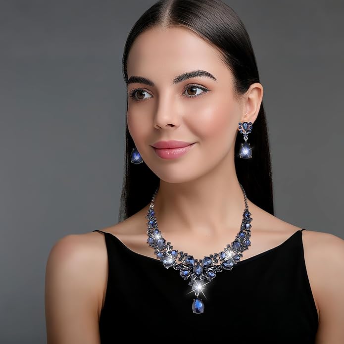 Hicarer Bridal Teardrop Cluster Crystal Jewelry Set for Women Necklace Earrings Wedding