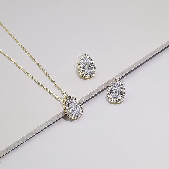 UDYLGOON Imitation Cubic Zironia Diamond Teardrop Earrings Necklace Bracelet Jewelry Set For Bride Bridesmaids Bridal Wedding Party Prom Jewelry Gift
