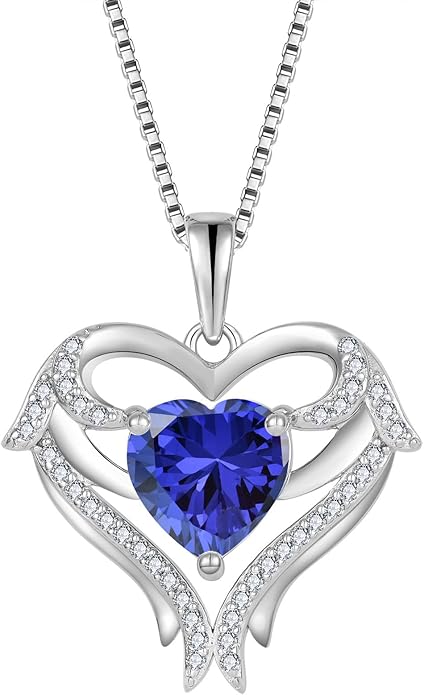 FJ Heart Angel Wings Pendant Necklace 925 Sterling Silver Birthstone Jewelry Gifts for Women