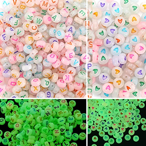 ToBeIT 1000pcs Letter Beads Alphabet Letter Bead Glow in The Dark Acrylic Bead Round 4X7mm UV Letters Beads Jewelry Findings Charms for DIY Bracelet Necklace Craft Making (Glow-Heart) - color: glow-heart