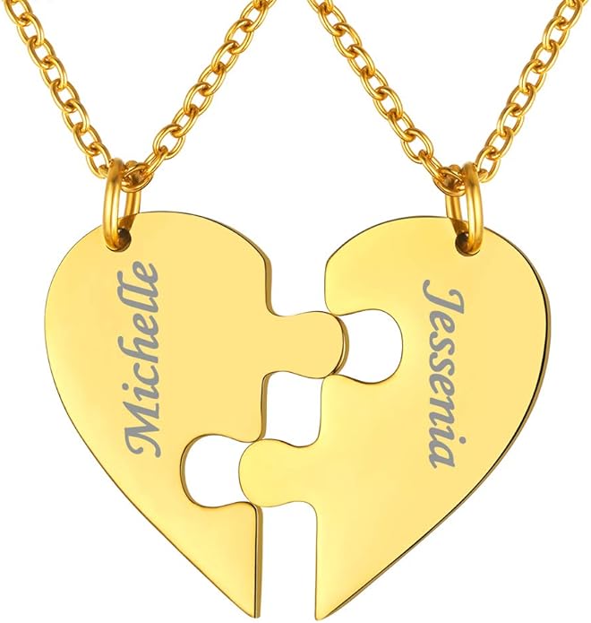 FindChic Personalized Matching BFF Necklace for 2/3/4/5/6 Puzzle Name Heart Pendant Stainless Steel Couple Necklace Set Customized Necklaces for Teen Girls
