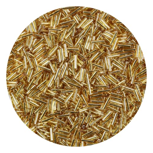 2000Pcs Tube Seed Beads 2x7mm Mini Long Glass Bugle Bead Small Craft Loose Spacer Beads for DIY Phone Charms Waist Bead Bracelets Earrings Necklaces (Golden) - color: Golden
